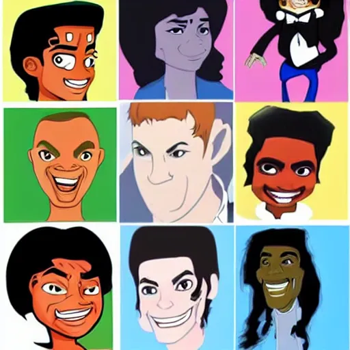 Prompt: michael jackson in several different cartoon styles