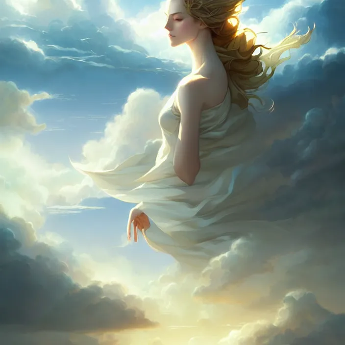 Image similar to style artgerm, joshua middleton, charlie bowater, soft castle in the sky white with gold, majestic spires, clouds swirling, detailed, sky setting, volumetric lighting