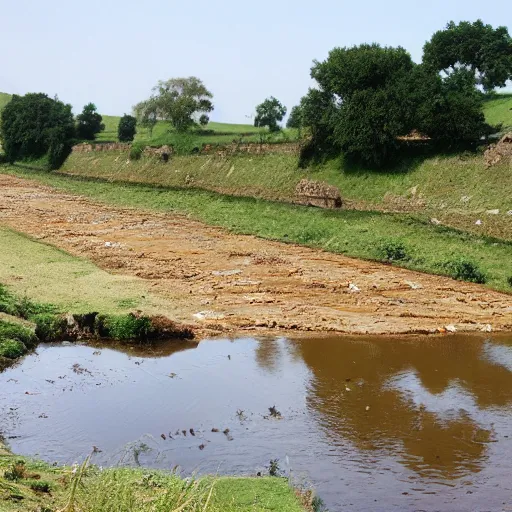 Image similar to landscape, river made of karak, with cows grazing