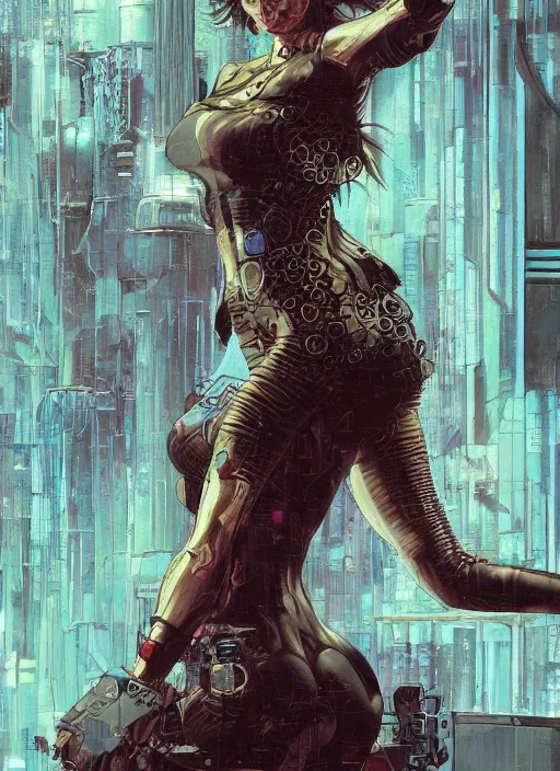 Prompt: realistic detailed painting of Nina Kraviz by yoshitaka amano, Masamune Shirow and rebecca guay and Moebius, Neo-Gothic, Cyberpunk, rich deep colors