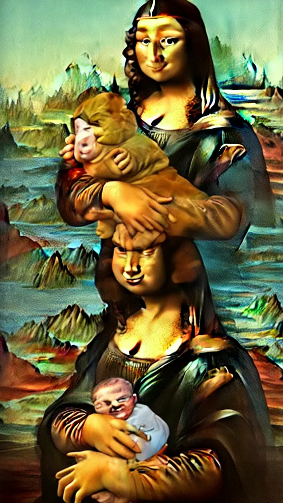 Image similar to the Mona Lisa holding Baby Yoda, painting in the style of the Mona Lisa