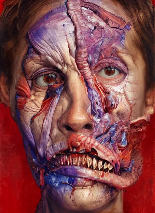 Image similar to highly detailed and textured painting of a deformed anatomical portrait with dead eyes, emotionally expressive, highly detailed oil painting, soft light 4 k, red, blue and purple colour palette, cinematic composition, cinematic lighting, sharp focus, masterpiece by adrian ghenie and jenny saville