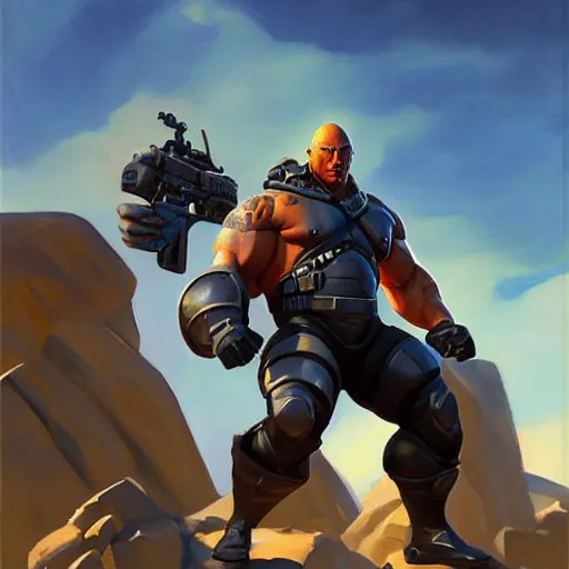 Image similar to greg manchess portrait painting of fierce partially armored foundation aka dwayne the rock johnson from fortnite as overwatch character, medium shot, asymmetrical, profile picture, organic painting, sunny day, matte painting, bold shapes, hard edges, street art, trending on artstation, by huang guangjian, gil elvgren, ruan jia, greg rutkowski, gaston bussiere