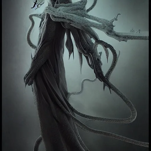 Image similar to an anime by yuji ikehata, of an ethereal ghostly wraith like figure with a squid like parasite latched onto its head and long tentacle arms that flow lazily but gracefully at its sides like a bat like cloak, anime, vhs, grainy, cartoon anime