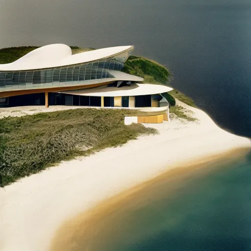 Prompt: architecture ad for a mid-century modern house by the beach, designed by Zaha Hadid. Shell. Aerial view. Film grain, cinematic, colorized, yellow hue