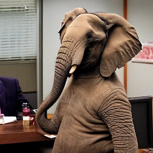 Prompt: an elephant plays dwight on the office tv show