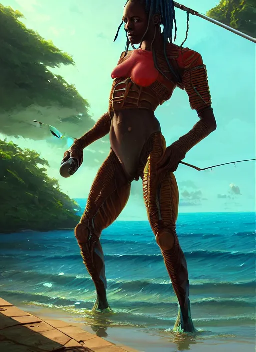 Image similar to portrait of a jamaican fisherman sci - fi fishing armor muscular cyberjamaicanpunk intricate elegant highly detailed digital painting artstation concept art, greg rutkowski, loish, rhads, ferdinand knab, makoto shinkai and lois van baarle, ilya kuvshinov, rossdraws, tom bagshaw