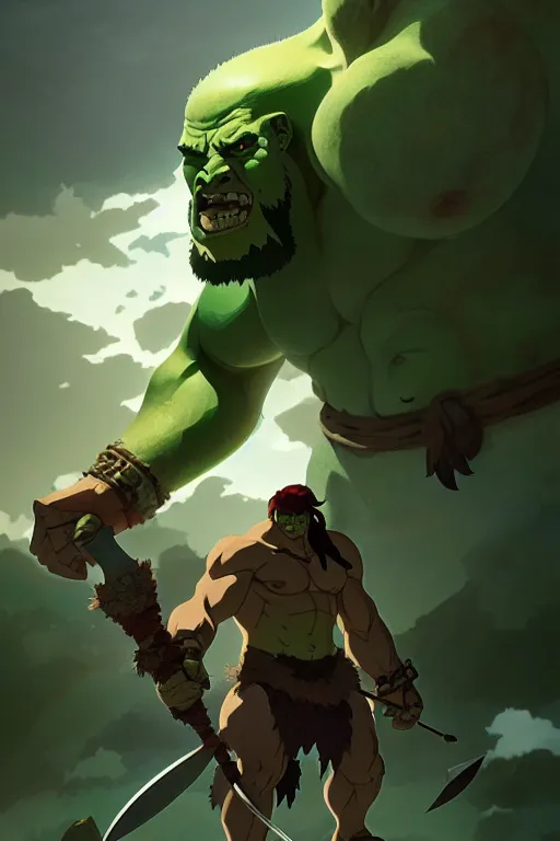 Image similar to orc barbarian male, green skin, exquisite details, big axe, earth magic, mid view, design on a white background, by studio muti, greg rutkowski makoto shinkai takashi takeuchi studio ghibli