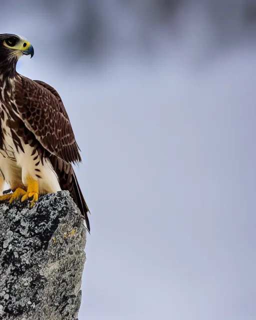 Image similar to A photo of a falcon surrounded by snowy mountains, focus on falcon, 4k