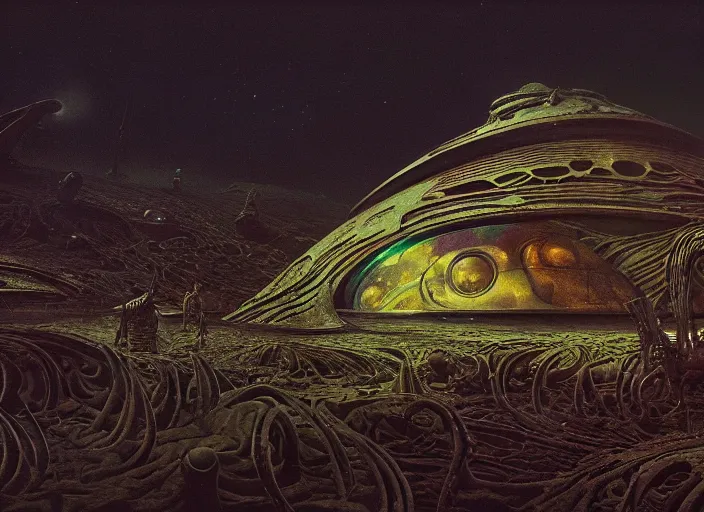 Prompt: An alien spaceship landed on a nightmarish planet of odd forms and somber tapestry, HR Giger and Zdzisław Beksiński, vivid color scheme, featured in artstation, octane render, cinematic, elegant, intricate, 4k