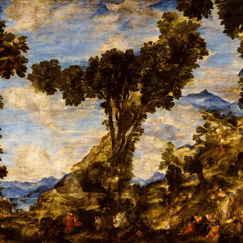 Prompt: a Titian painting of a scene inside of a on old church that is decorated with flowers and sky and mountains and a lake in the background