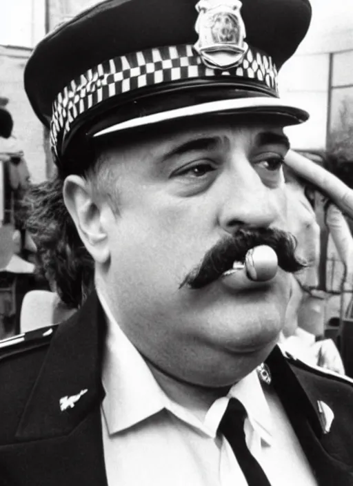 Prompt: a 1987 photo of a fat and bald Robert deniro with a mustache as a policeman, detailed