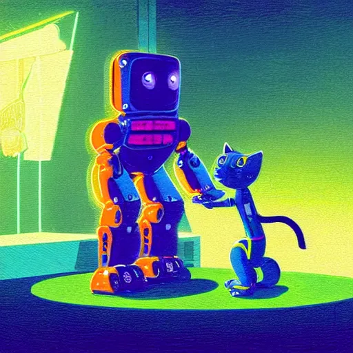 Prompt: a broad-shouldered, heavy construction robot reaching down to pet a kitten, in a neon-lit cyberpunk city, by Simon Stålenhag and James Gurney