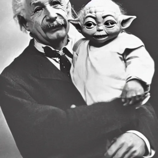 Prompt: b&w photo of Einstein holding baby Yoda on his arm