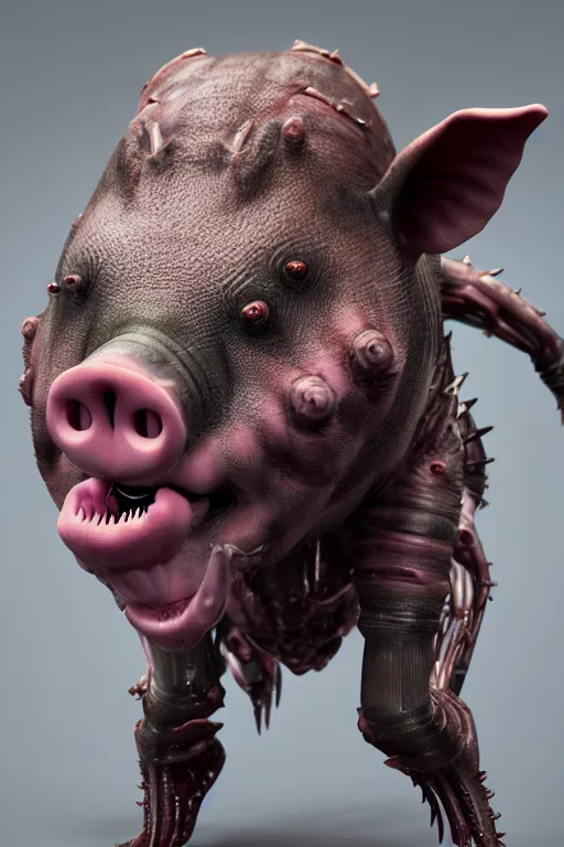 Image similar to skin concept, pig, biopunk, threes, teeth, many details, crystals, guyver style, 3 d, cinematic, hyper realism, high detail, octane render, art by hans giger