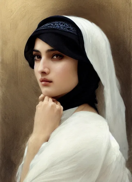 Prompt: arab Ameera al-Taweel, blue eyes, wavy black hair, tanned skin, white veil, intricate, elegant, highly detailed, artstation, concept art, sharp focus, ruan jia, jurgens, orientalism, bouguereau