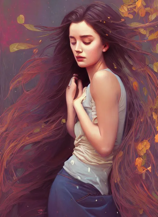 Image similar to handsome young women with shoulder length brown hair, half body shot, path traced, highly detailed, high quality, digital painting, alena aenami, lilia alvarado, shinji aramaki, karol bak, alphonse mucha, tom bagshaw