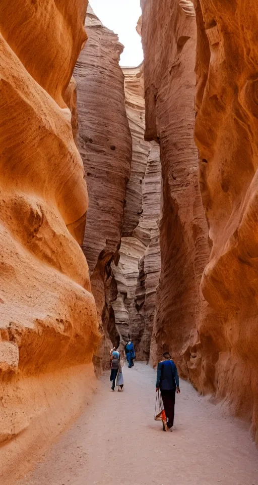 Image similar to narrow canyon in a desert, filled with flowers, caravan traders walking through on camels