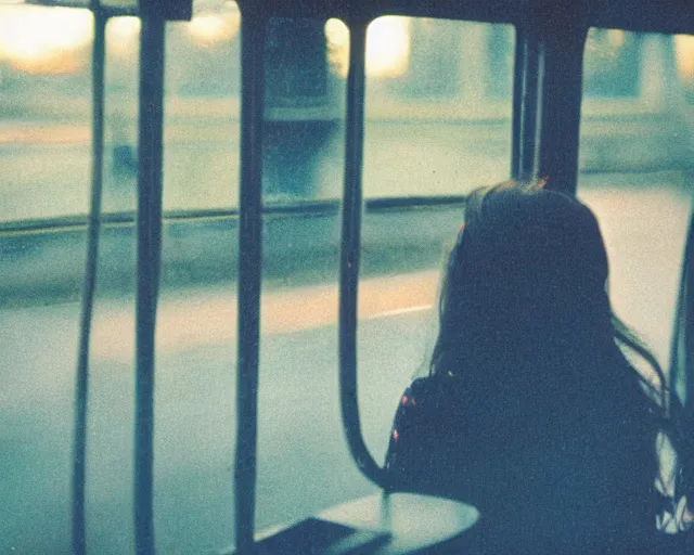 Image similar to lomo photo of shy goth girl sitting in empty bus, sunset, cinestill, bokeh