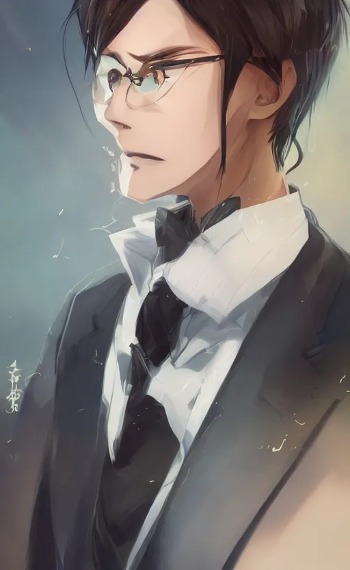 Prompt: A realistic anime portrait of a handsome young man with cat ears wearing a suit, by WLOP and Rossdraws, digtial painting, trending on ArtStation, deviantart