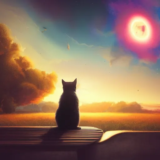 Image similar to cat sitting on a bench watching a black hole in the sky during day, highly detailed, warm colors, artstation, concept art, sharp focus, illustration, octane render, award winning, masterpiece, art by studio 4