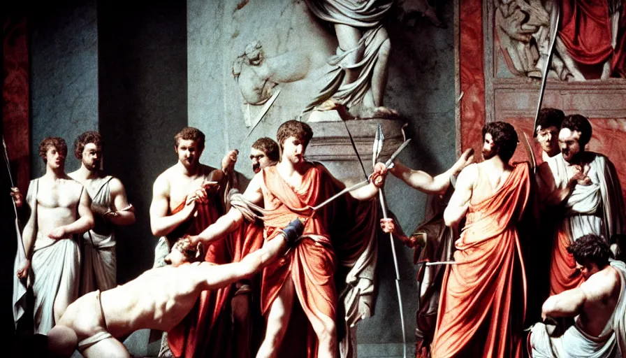 Prompt: movie still close - up by of men murdering caligula with daggers in a neoclassical room, cinestill 8 0 0 t 3 5 mm eastmancolor, high quality, heavy grain, high detail, dramatic light, ultra wide lens, anamorphic, blood, bleeding