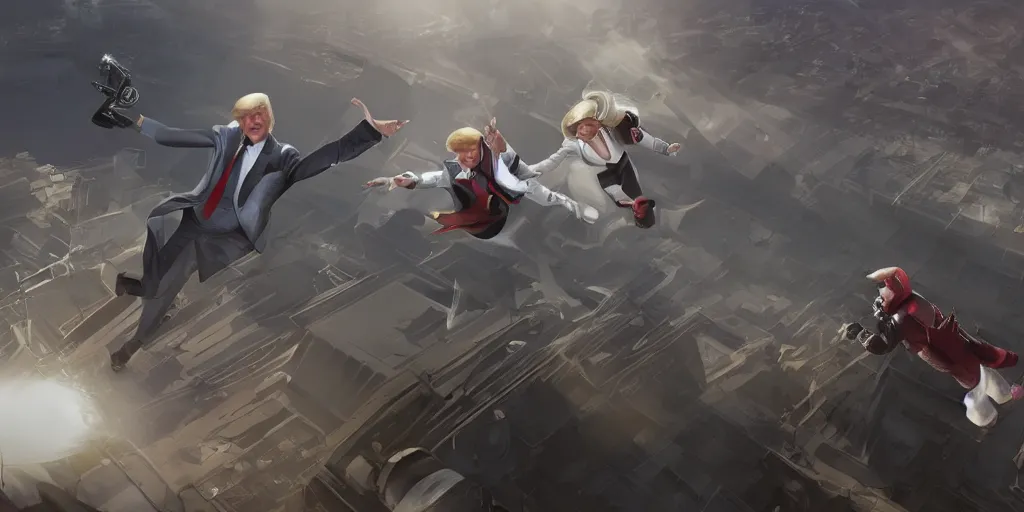 Prompt: donald trump fighting elon musk on top of white house, concept art by senior environment artist, cgsociety, artstation hq, playstation 5 screenshot