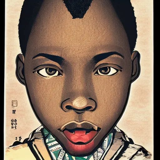 Image similar to upper half - claymation portrait - of a nigerian boy, art style by utagawa kunisada & james jean, symmetrical, intricate detail, caricature, concept art, volumetric light, ray tracing, sharp, smooth, pinterest, behance, art station,