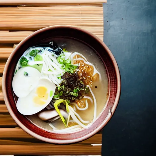 Image similar to A top view of a tonkotsu ramen next to a window on a rainy day