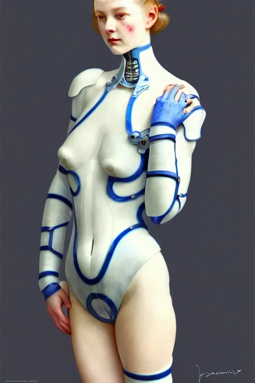 Image similar to porcelain cyborg, Chinese Blue and white porcelain exoskeleton 14th century, diffuse lighting, fantasy, elegant, lifelike, photorealistic, digital painting, artstation, illustration, concept art, smooth, sharp focus, art by John Collier and Albert Aublet and Krenz Cushart and Artem Demura and Alphonse Mucha, 8k, sharp, high quality artstation art