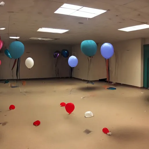 Image similar to photo of the backrooms liminal space with balloons