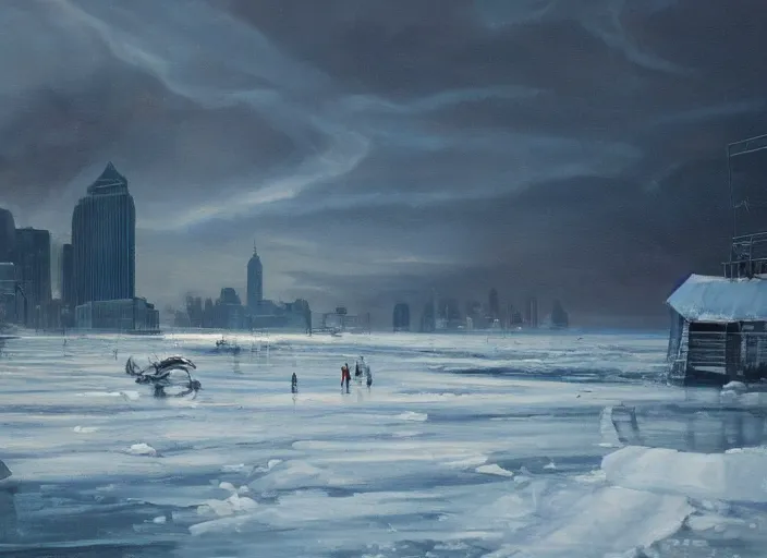 Image similar to an ice tsunami in new york city, oil painting, cold, snow landscape, sci-fi concept art, very detailed