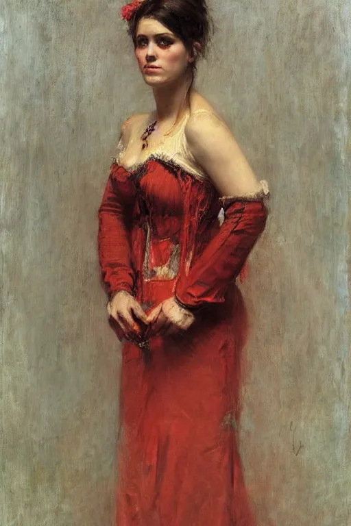 Image similar to Solomon Joseph Solomon and Richard Schmid and Jeremy Lipking victorian genre painting full length portrait painting of a young beautiful woman traditional german french Brigitte Bardot barmaid in fantasy costume, red background