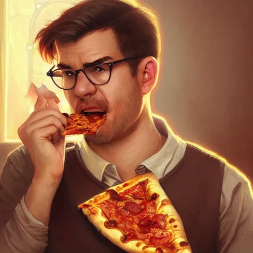 Prompt: portrait of Steve Martin eating pizza, highly detailed, digital painting, artstation, concept art, sharp focus, illustration, art by artgerm and greg rutkowski and alphonse mucha