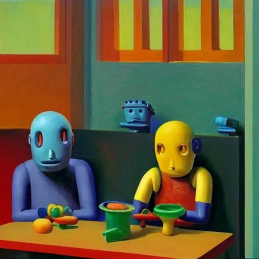 Image similar to happy robots eating play - doh noodles from a play - doh nozzle, grant wood, pj crook, edward hopper, oil on canvas