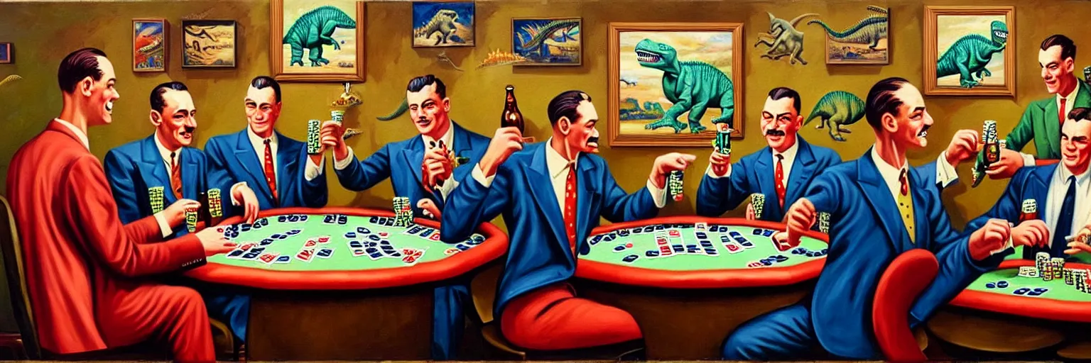 Image similar to dinosaurs wearing vintage suits, playing poker and drinking beer, 1 9 5 0's, oil painting, hyperdetailed