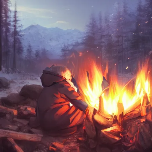 Image similar to yuru camp anime campfire hyperdetailed blue eyes, trending on artstation, cinematic lighting, highly realistically detailed, trending on pixiv , Unreal Engine 4k, detailed faces, manga cover, official anime key visual by greg rutkowski