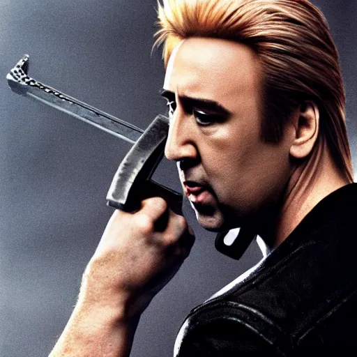 Image similar to buff nic cage playing cloud strife, movie still, digital photography, high quality