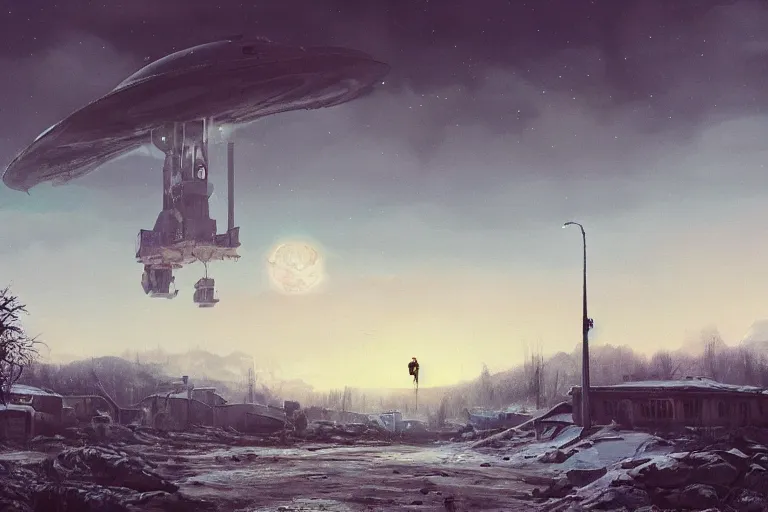 Image similar to a beautiful matte painting of a alien spaceship over the soviet village simon stalenhag and jakub rozalski and alan bean, trending on artstation, realistic rendering