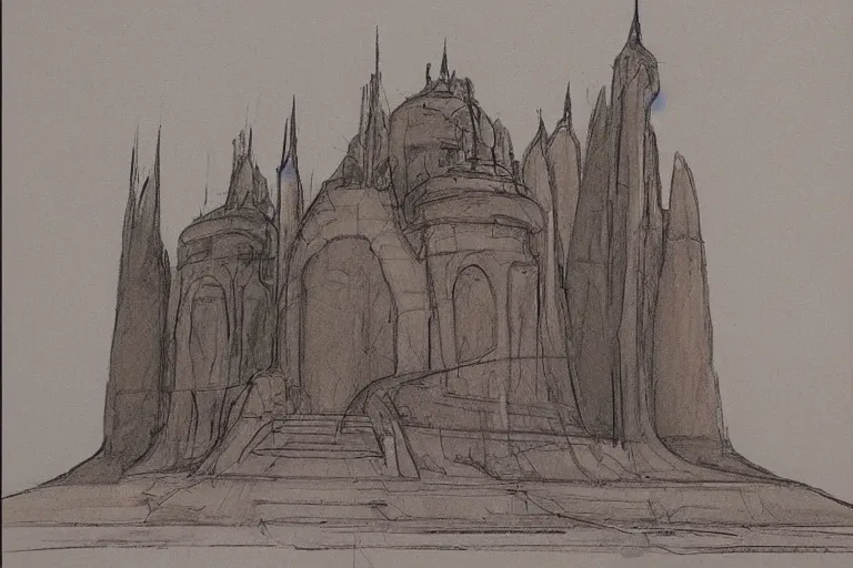 Prompt: desert palace concept sketch by joe johnston and nilo rodis - jamero and ralph mcquarrie and norman reynolds