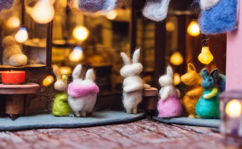 Prompt: miniature cafe diorama, macro photography, cafe with felted bunnies on a date, alleyway, ambient, atmospheric, british, cozy, bokeh, romantic, colorful lanterns