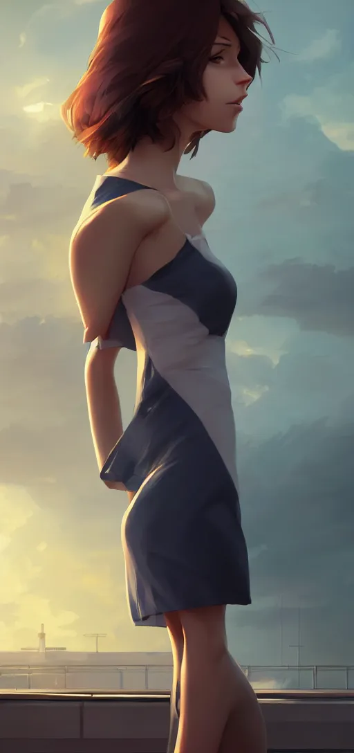 Image similar to a beautiful british woman with short brown hair, gentle, somber amber eyes, standing on a rooftop, storm in the distance, basic clothing, digital art by makoto shinkai ilya kuvshinov and wojtek fus, digital art, concept art,