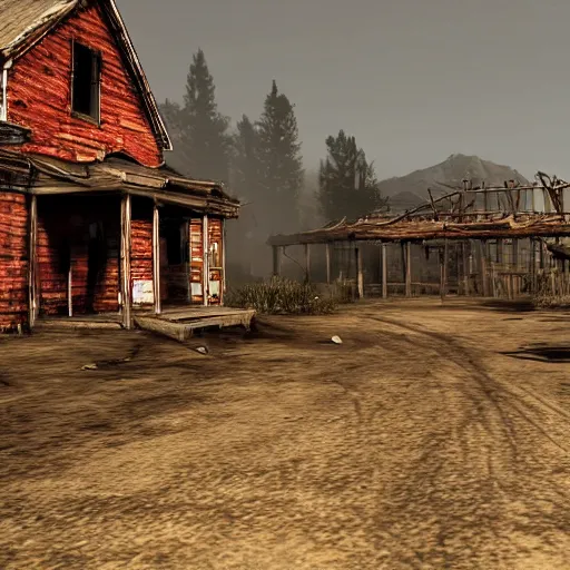 Prompt: red dead redemption style ghost town, skeletal remains, eerie