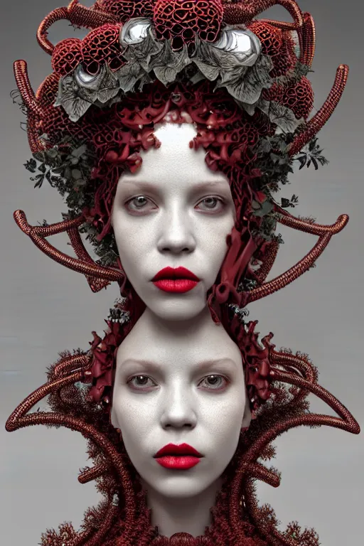 Image similar to complex 3 d render, hyper detailed ultrasharp beautiful biomechanical mandelbrot fractal steampunk filigree mesh wire female cyborg portrait with a porcelain profile face, albino afro, elegant crown with big hydrangea foliage leaves stems roots, red lips, alexander mcqueen haute couture, art nouveau fashion, octane render, 8 k