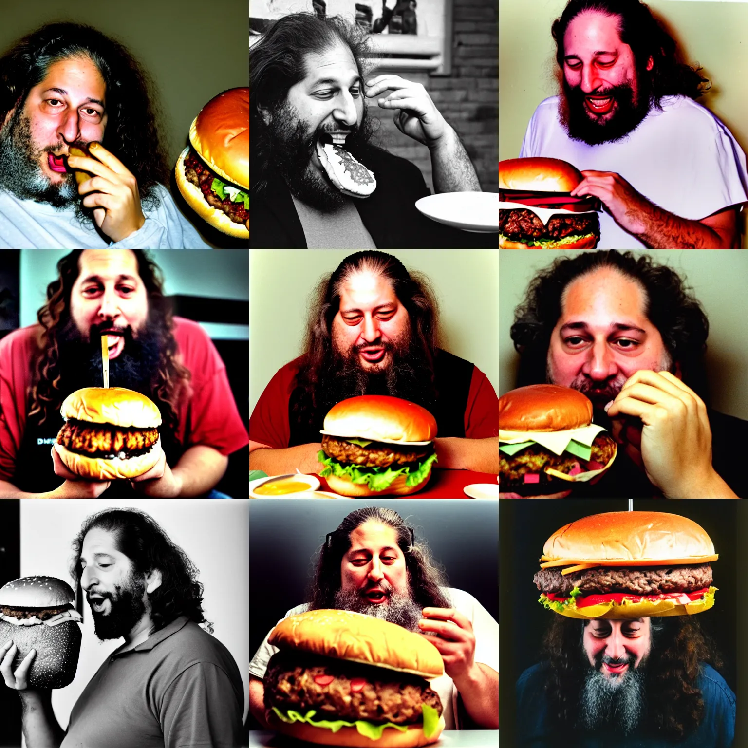 Prompt: photo of richard stallman struggling to eating a giant hamburger, 3 5 mm