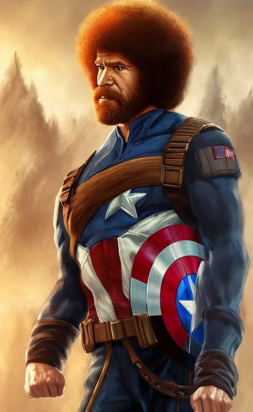 Image similar to bob ross as captain america, dynamic lighting, cinematic, ultra detailed, trending on art station, stunning visuals, creative, fantasy concept art