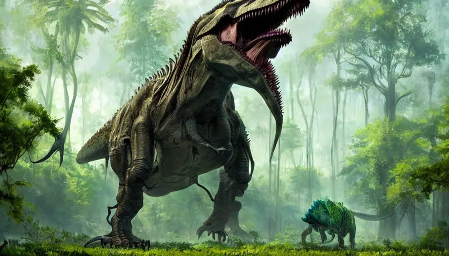 Image similar to A machinated dinosaur hybrid of a T-Rex standing tall within a lush green forest from the playstation 5 game Horizon:Zero Dawn world, the T-Rex is part machine part dinosaur, sci-fi concept art, highly detailed, oil on canvas by James Gurney