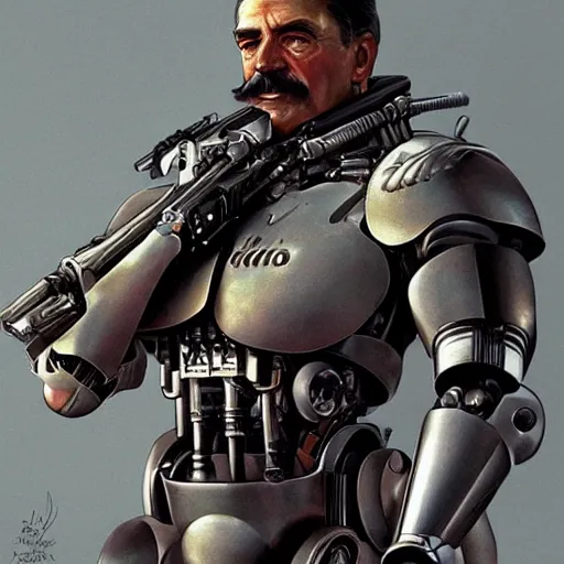 Prompt: joseph stalin as heavily damaged t - 8 0 0 cyborg terminator, highly detailed, digital painting, artstation, concept art, matte, sharp focus, illustration, art by artgerm and greg rutkowski and alphonse mucha