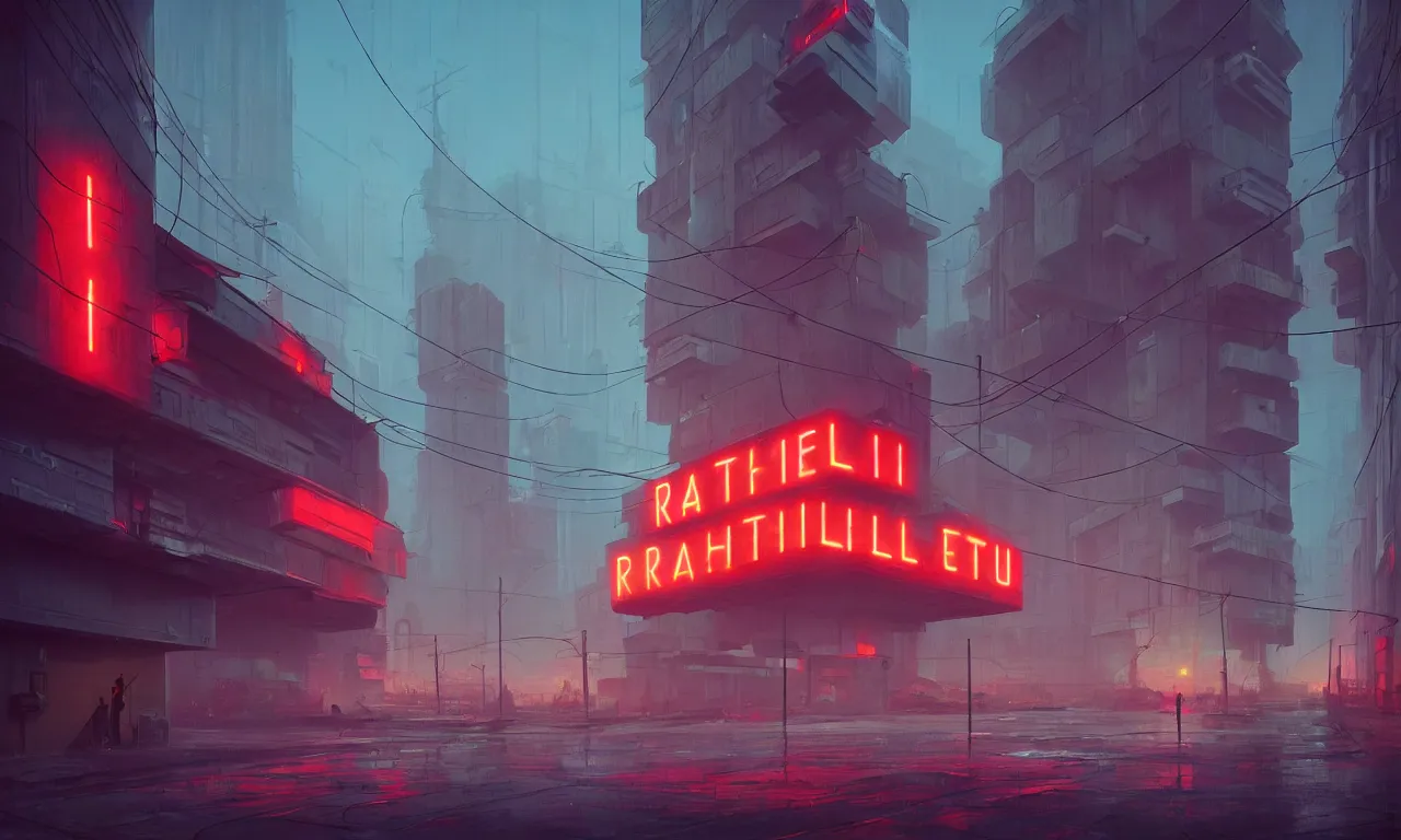 Image similar to brutalist architecture, colorful neon signs, raphael lacoste, eddie mendoza, alex ross, concept art, matte painting, highly detailed, rule of thirds, dynamic lighting, cinematic, detailed, denoised, centered