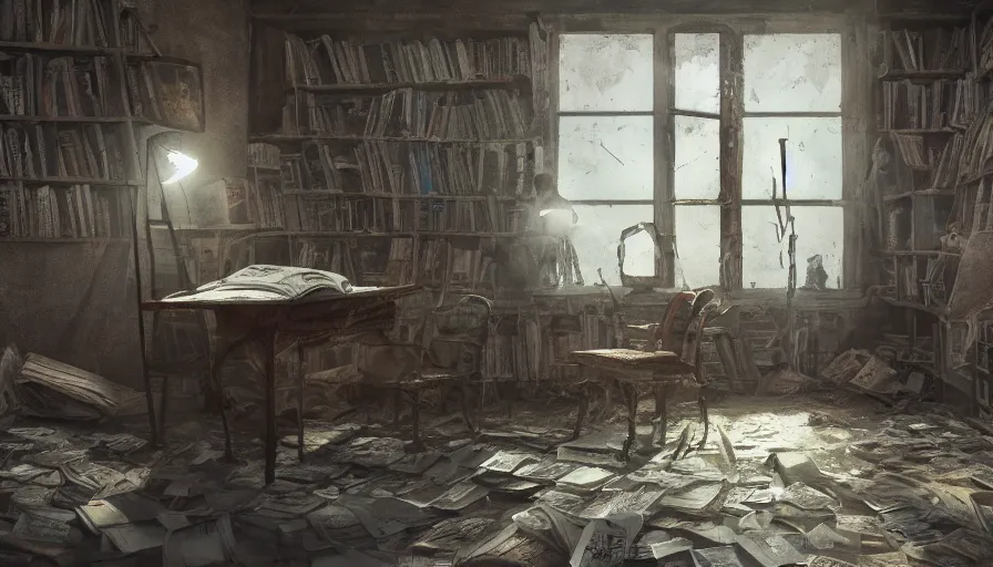 Prompt: kid reading book on an old dusty chair in an abandoned dusty attic, old library covered by dust and cobwebs, winter light through the windows,, dusty floor, books and newspaper on the floor, hyperdetailed, artstation, cgsociety, 8 k